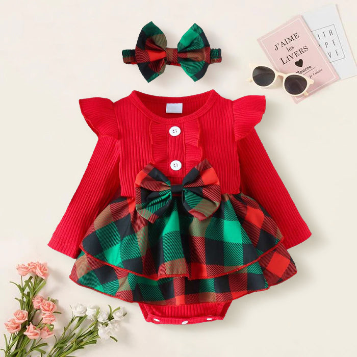 2PCS Pretty Christmas Plaid Printed Long Sleeve Baby Romper