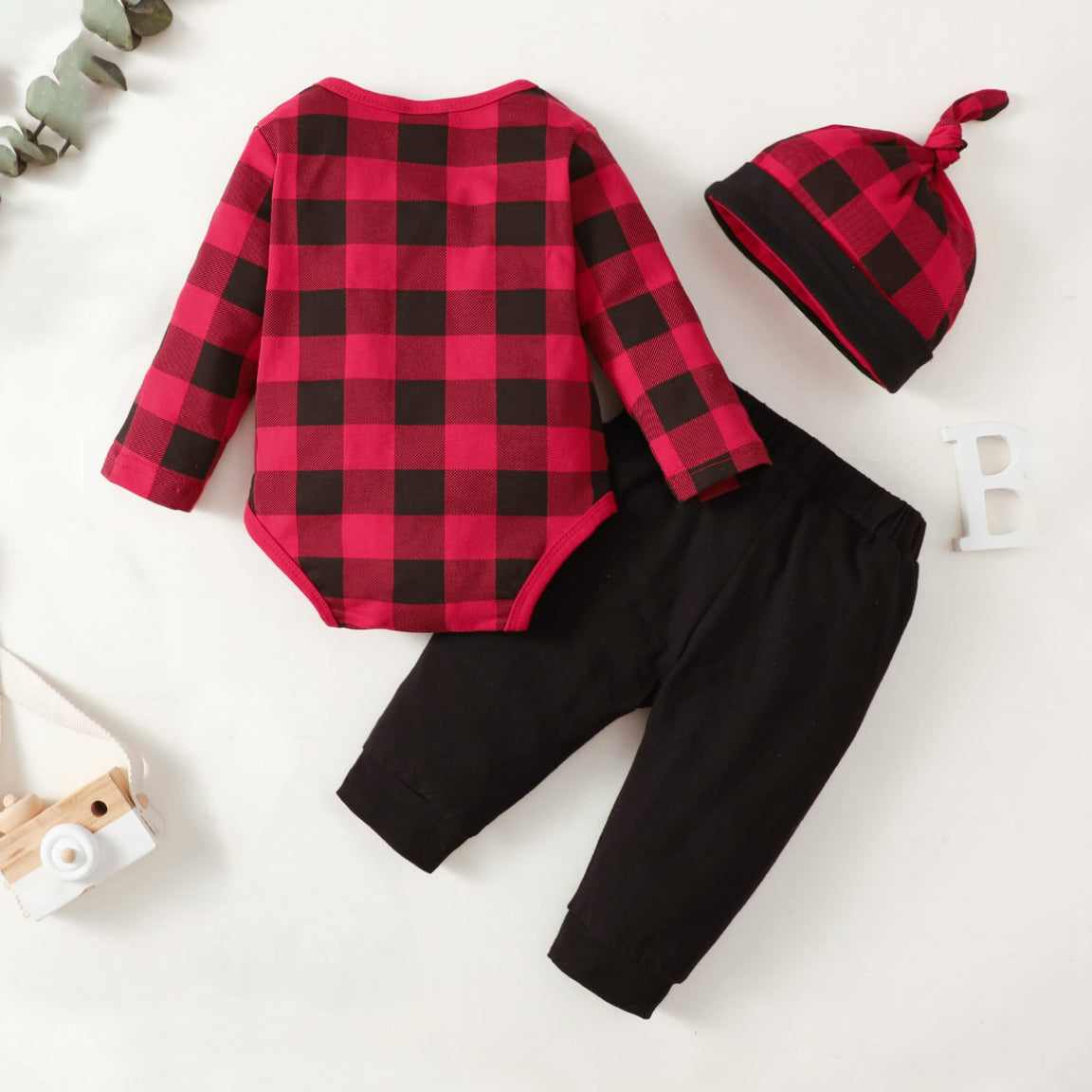 3PCS Mama's Boy Letter Plaid Printed Baby Set