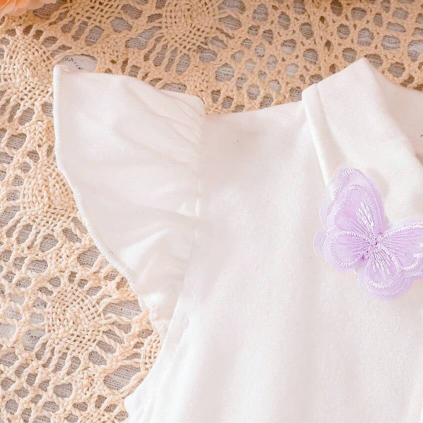 3PCS Chic Butterfly Appliqué Plaid Print Flutter Sleeve Baby Set