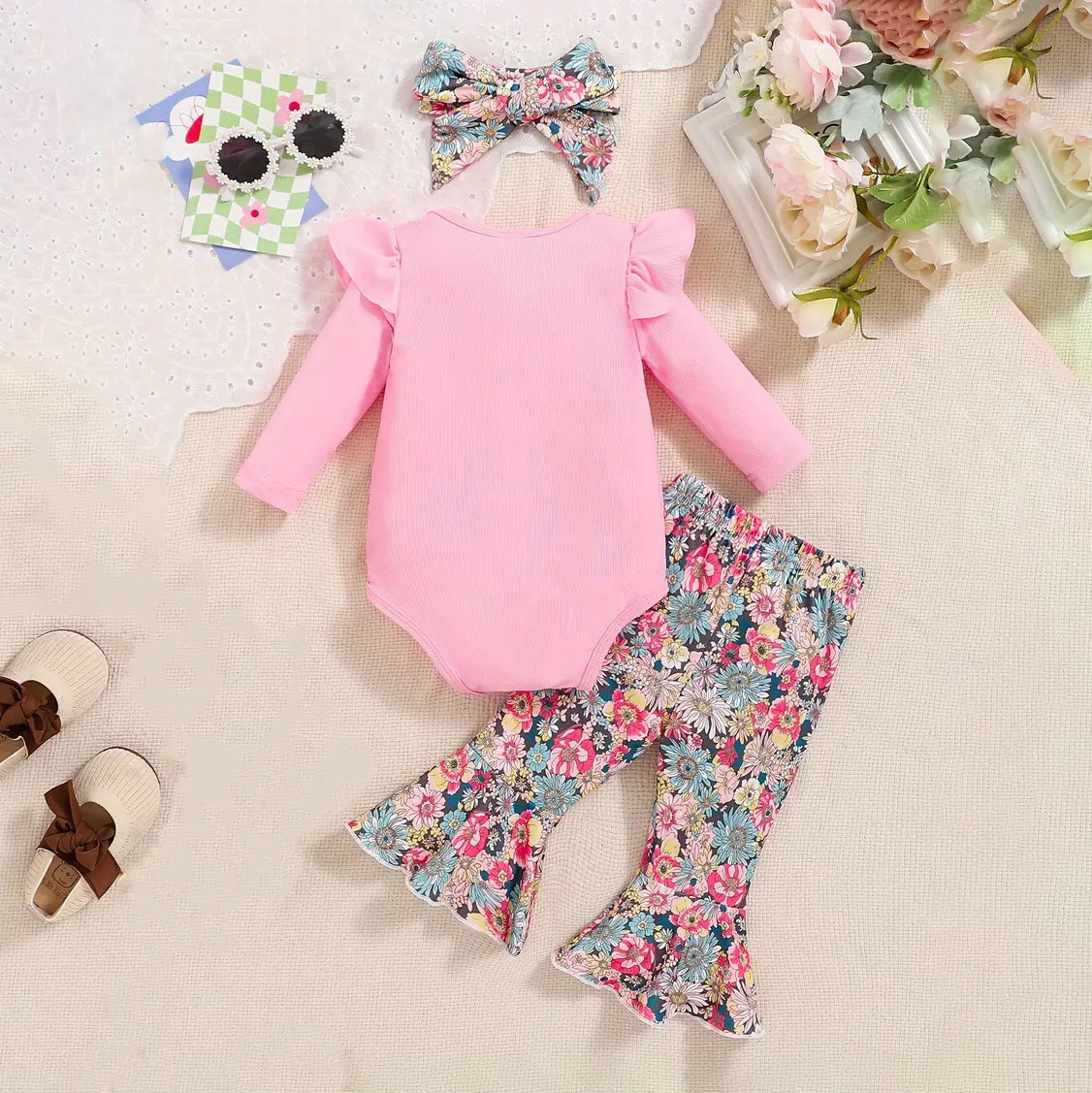 3PCS I Get Attitude Letter Floral Printed Bowknot Ruffle Long Sleeve Baby Set