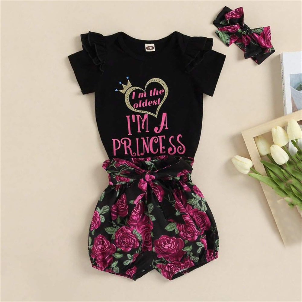 3PCS I'm A Princess Letter Floral Printed Short Sleeve Baby Set