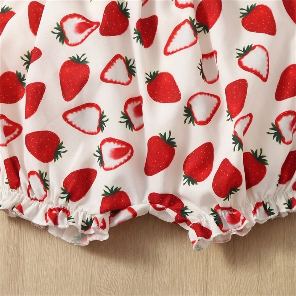 Stylish Strawberry Printed Flounce Sleeve Baby Jumpsuit