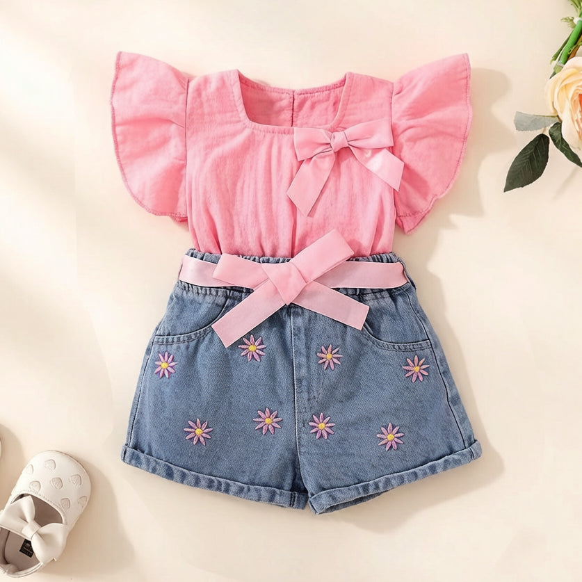 Sweet Floral Embroidery Flutter Sleeve Denim Baby Romper