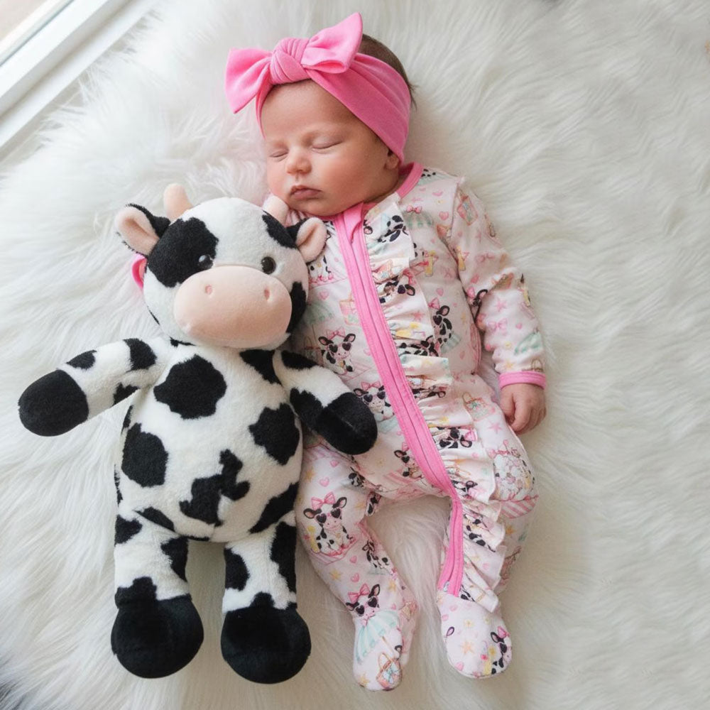 2PCS Cute Cow Printed Ruffle Zipper Long Sleeve Baby Jumpsuit
