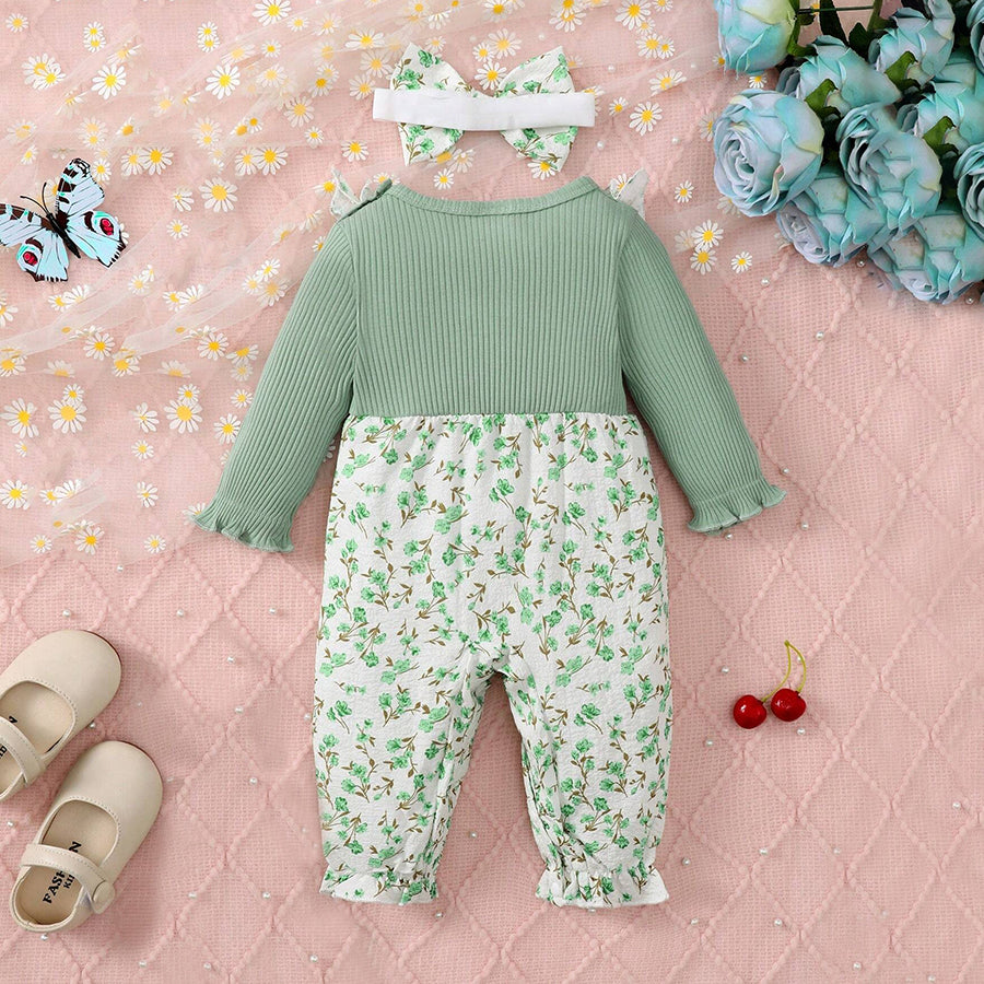 2PCS Fresh Floral Printed Bowknot Decoration Baby Jumpsuit