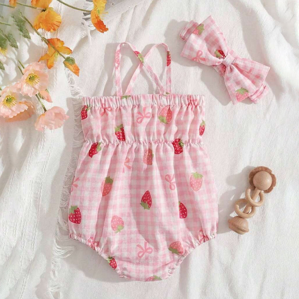 2PCS Cute Strawberry & Plaid Print Sleeveless  Baby Romper