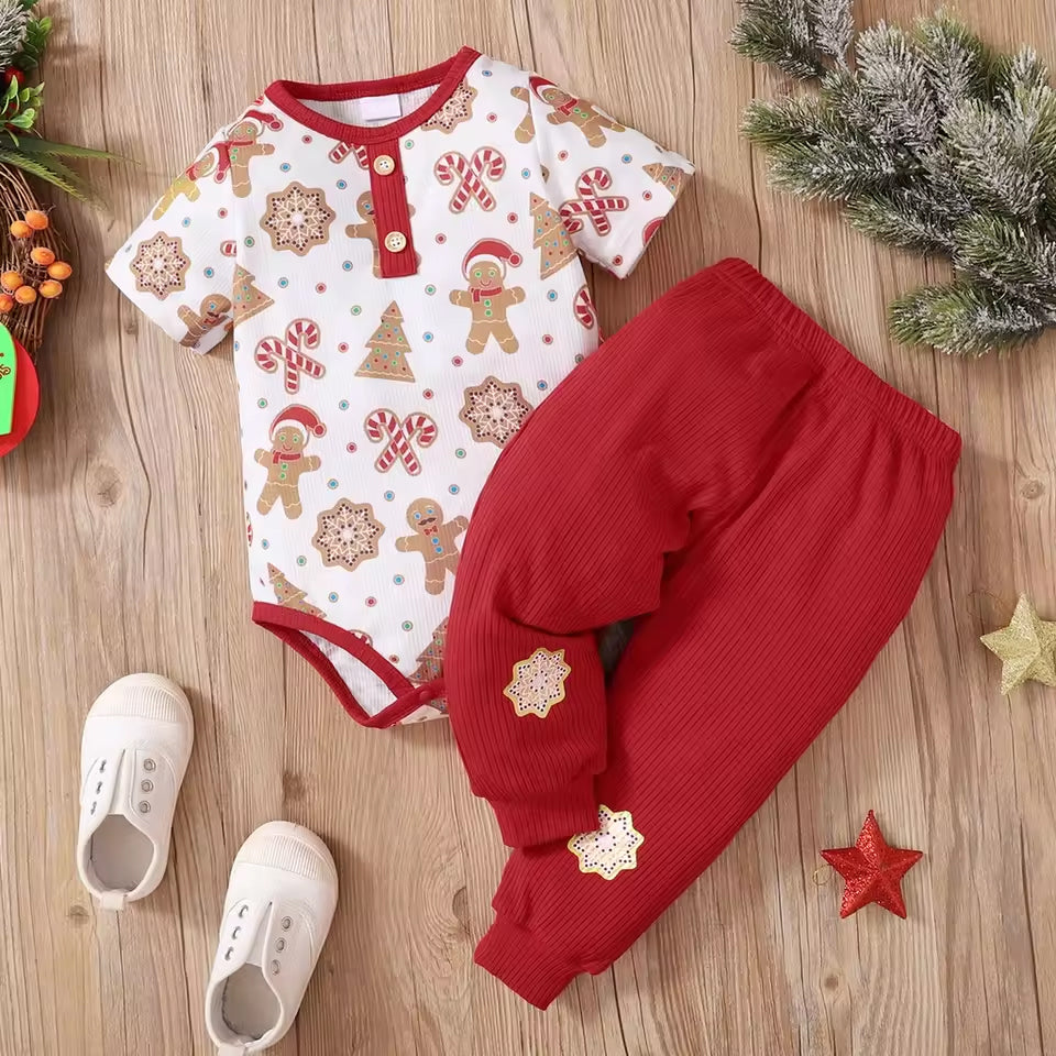 2PCS Stylish Gingerbread Print Short Sleeve Baby Set
