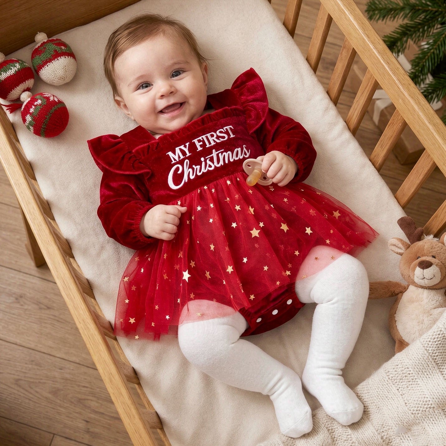 My First Christmas Letter Embroidery Star Printed Velvet Baby Romper
