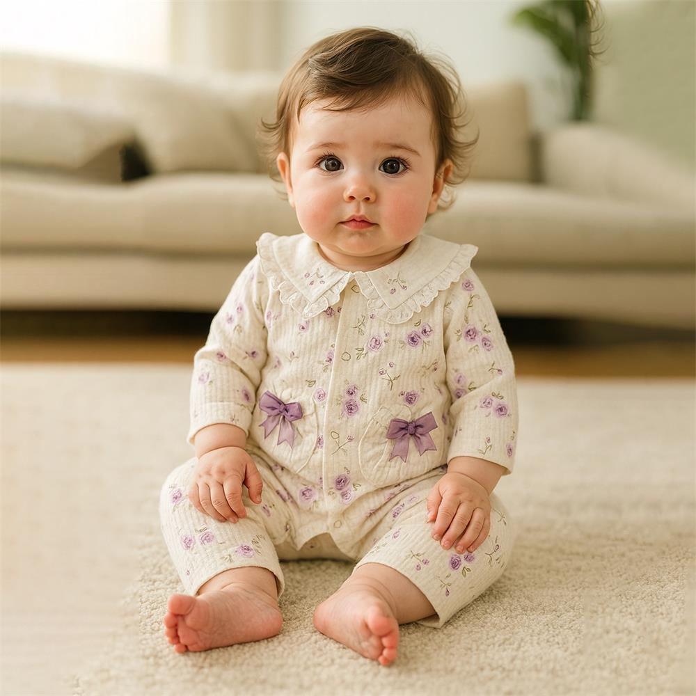 Pretty Floral Print Long Sleeve Baby Jumpsuit
