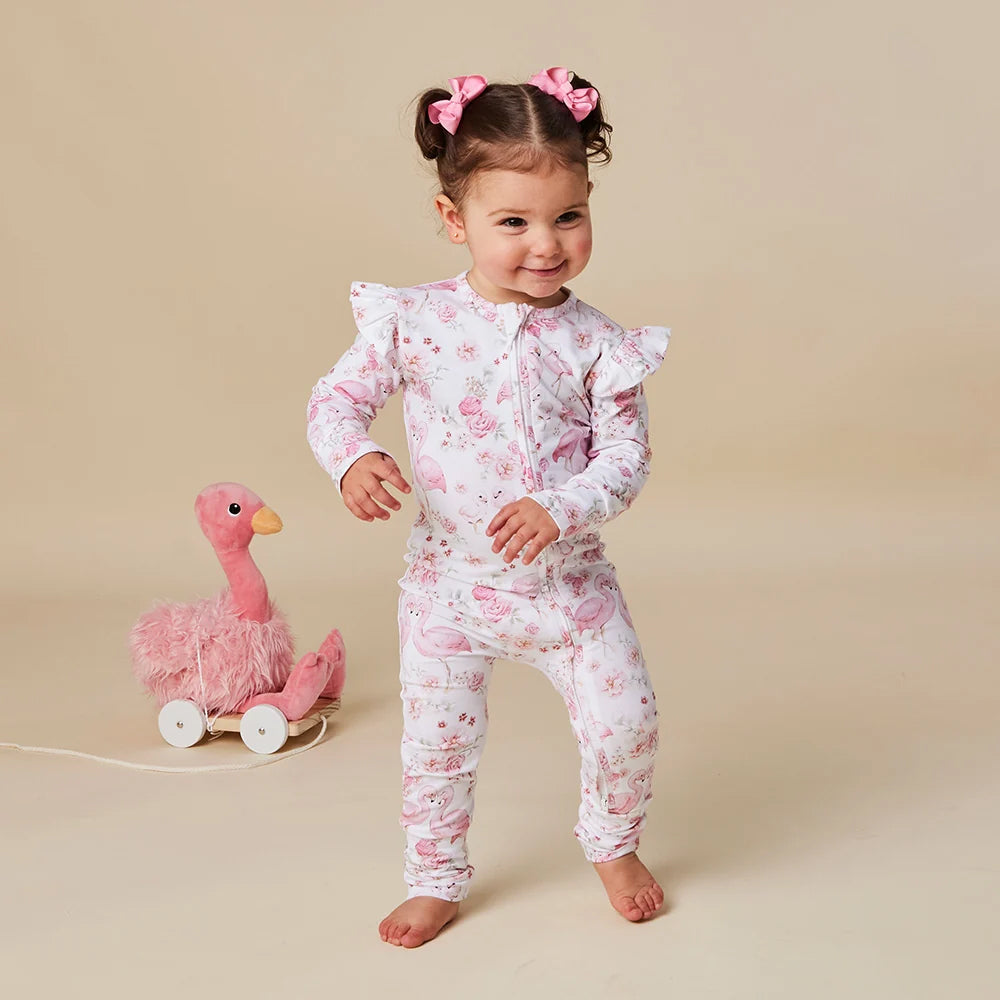 2PCS Baby Girl Flamingo Floral Print Ruffle Long Sleeve Zipper Jumpsuit