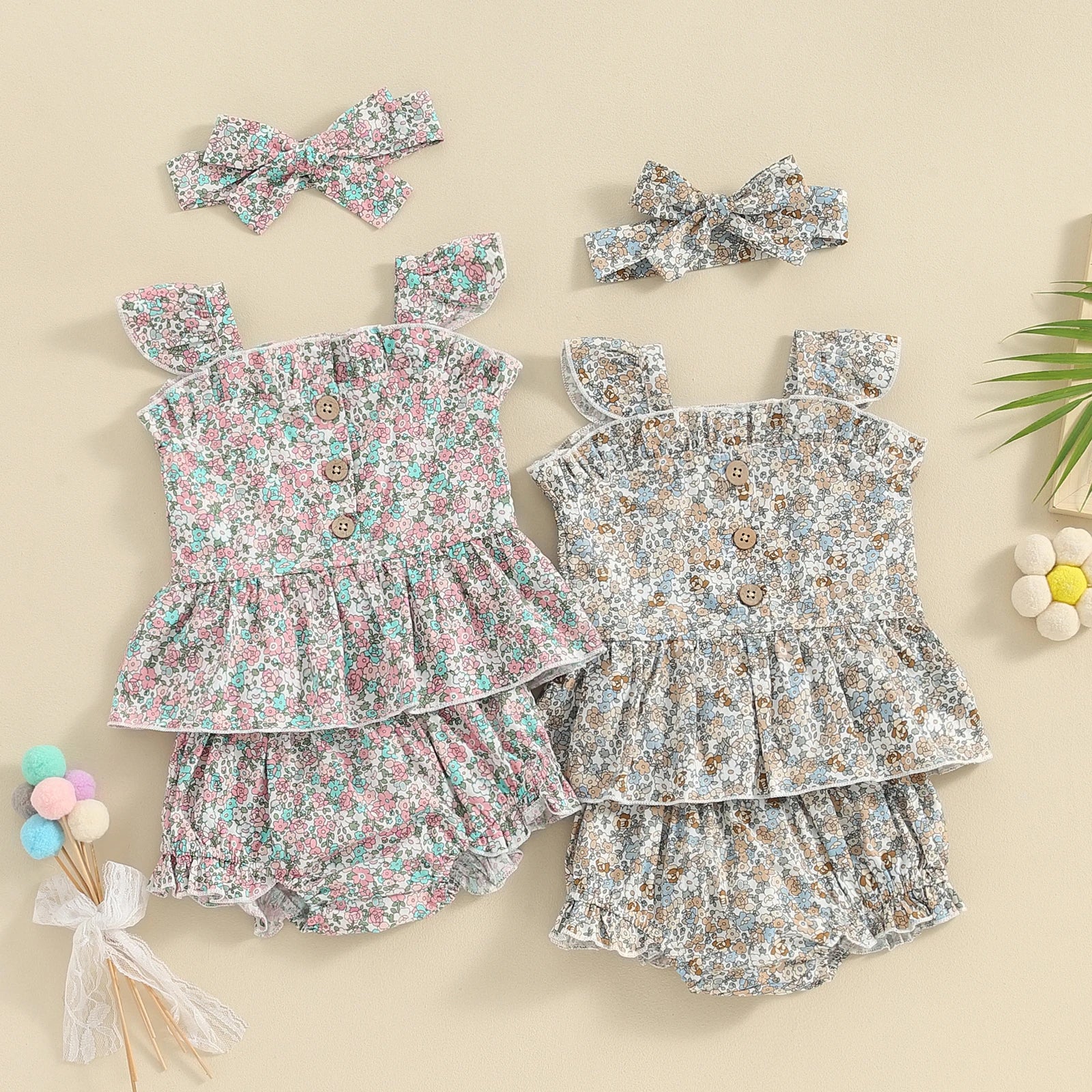3PCS All Over Floral Printed Sleeveless Baby Set