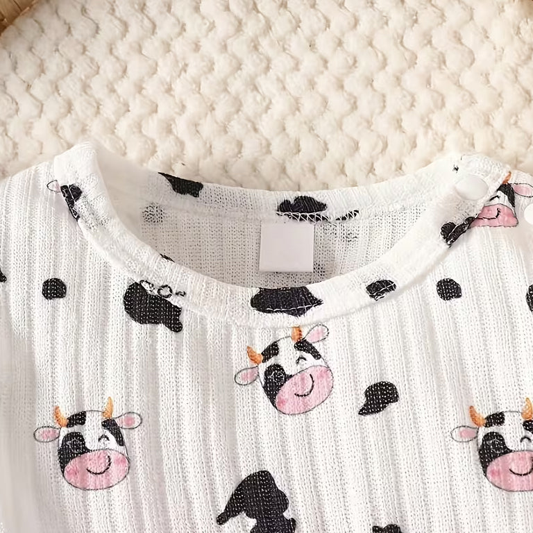 2PCS Sweet Moo Letter Cow Printed Long Sleeve Baby Girl Set