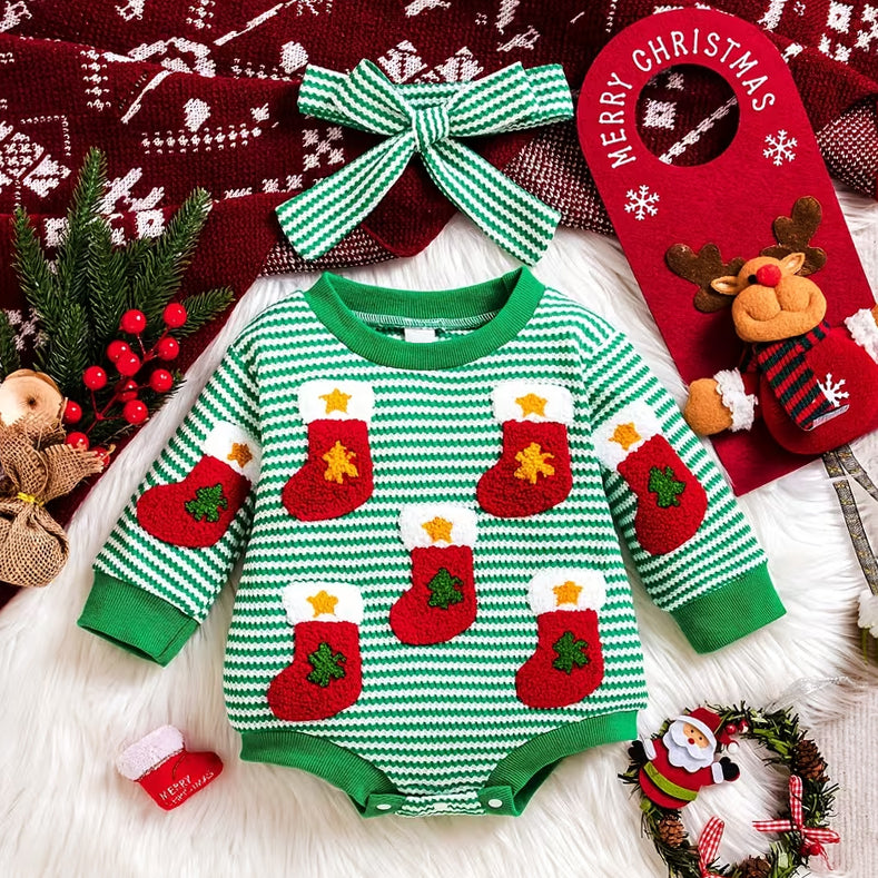 2PCS Lovely Christmas Sock Applique Striped Baby Girl Romper