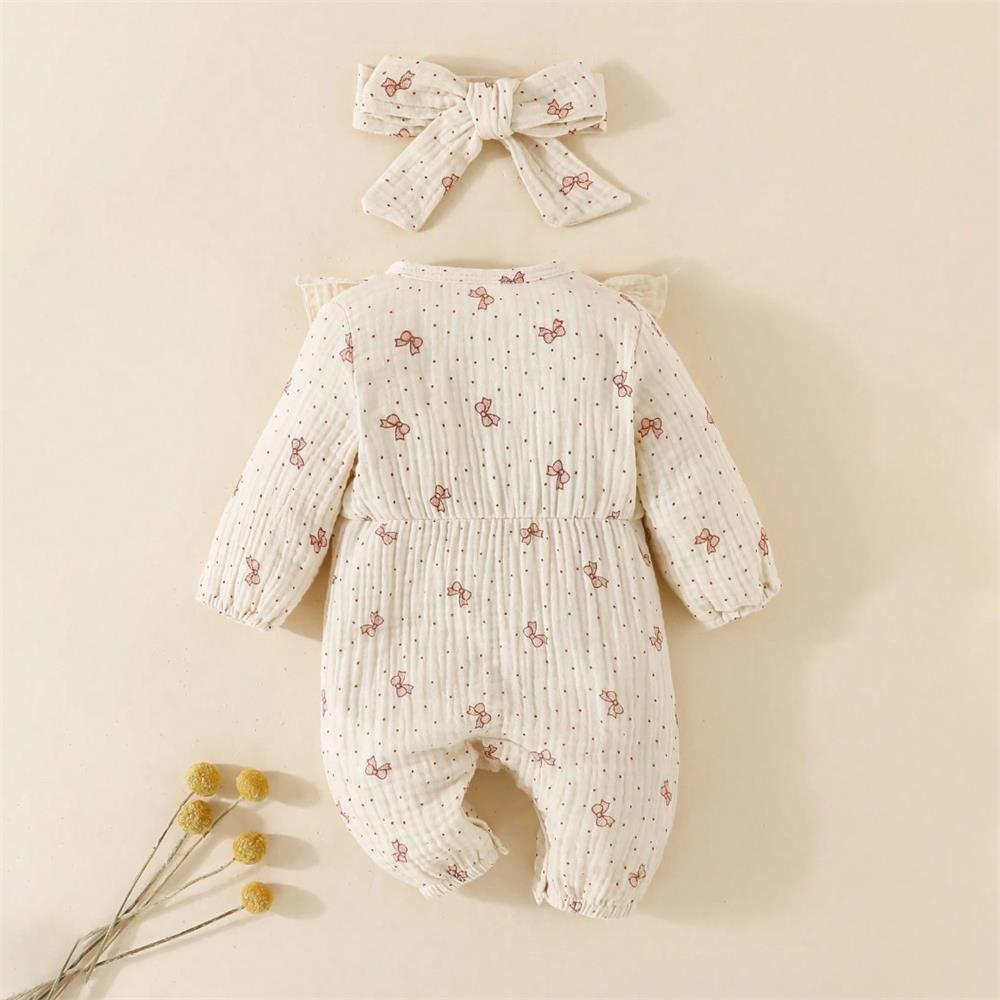 2PCS Little Bow Print Long Sleeve Baby Jumpsuit