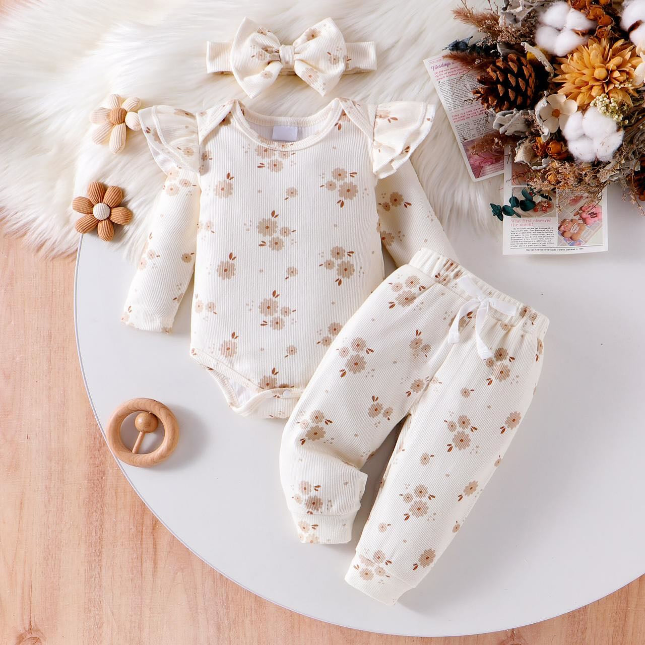 3PCS Fancy Floral Printed Long Sleeve Baby Set