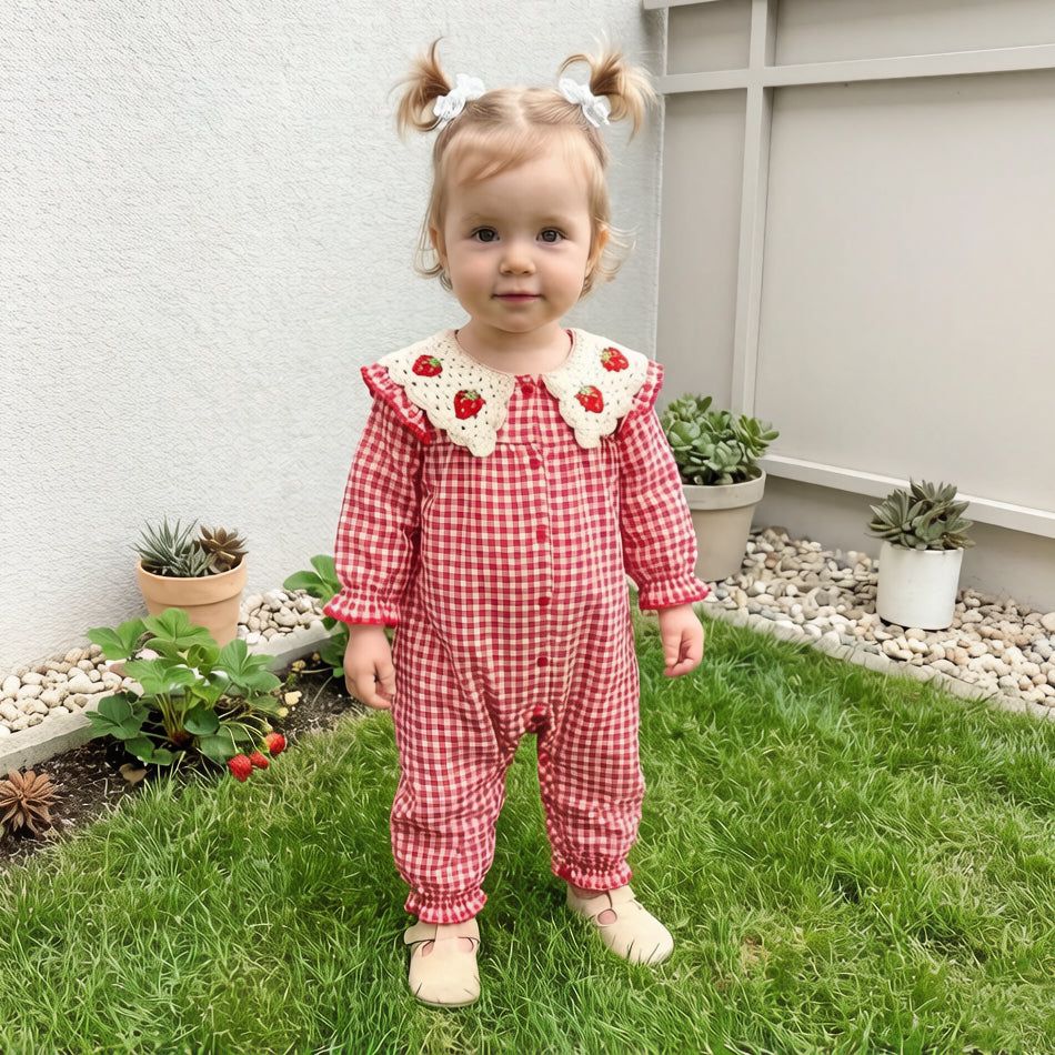 Strawberry Embroidery Plaid Print Long Sleeve Baby Jumpsuit