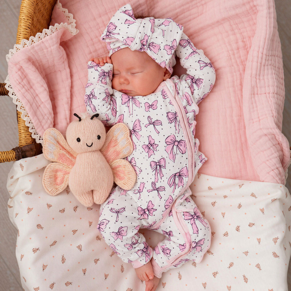 2PCS Adorable Bow Print Long Sleeve Zipper Baby Girl Jumpsuit