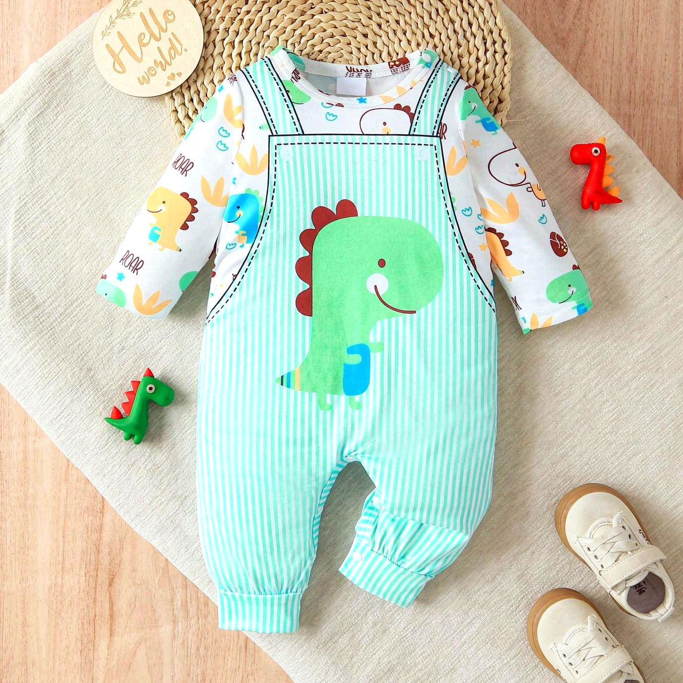 Lovely Dinosaur Stripe Print Long Sleeve Baby Jumpsuit