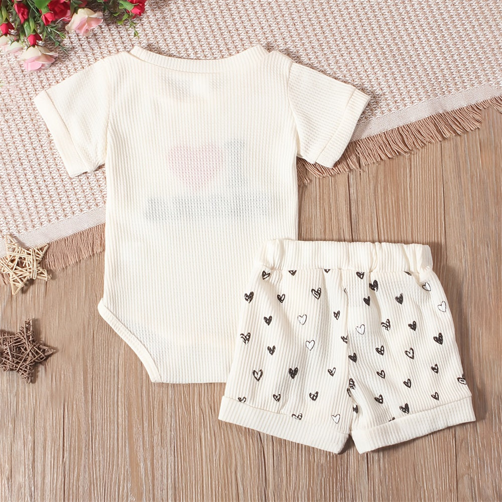 2PCS I Love Mama Letter Embroidery Heart Printed Baby Set