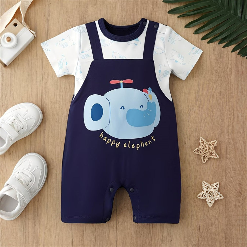 Cute Elephant Printed Short Sleeve Baby Jumpsuit