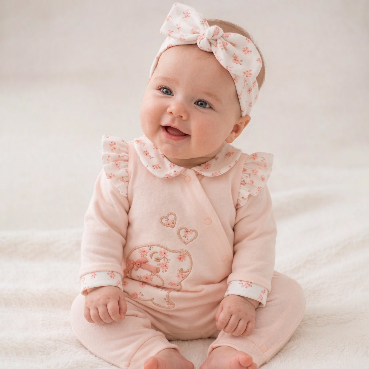 2PCS Cute Puppy Embroidery Floral Printed Long Sleeve Baby Jumpsuit