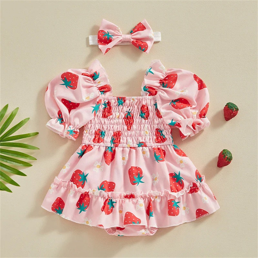 2PCS Stylish Cute Strawberry Print Bubble Sleeve Baby Romper