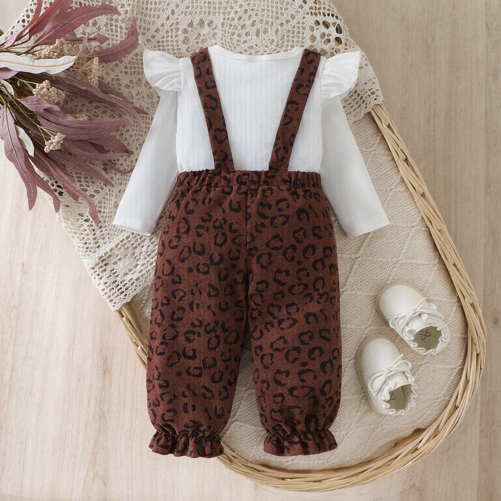 2PCS Chic Baby Girl Leopard Printed Long Sleeve Corduroy Overalls Set