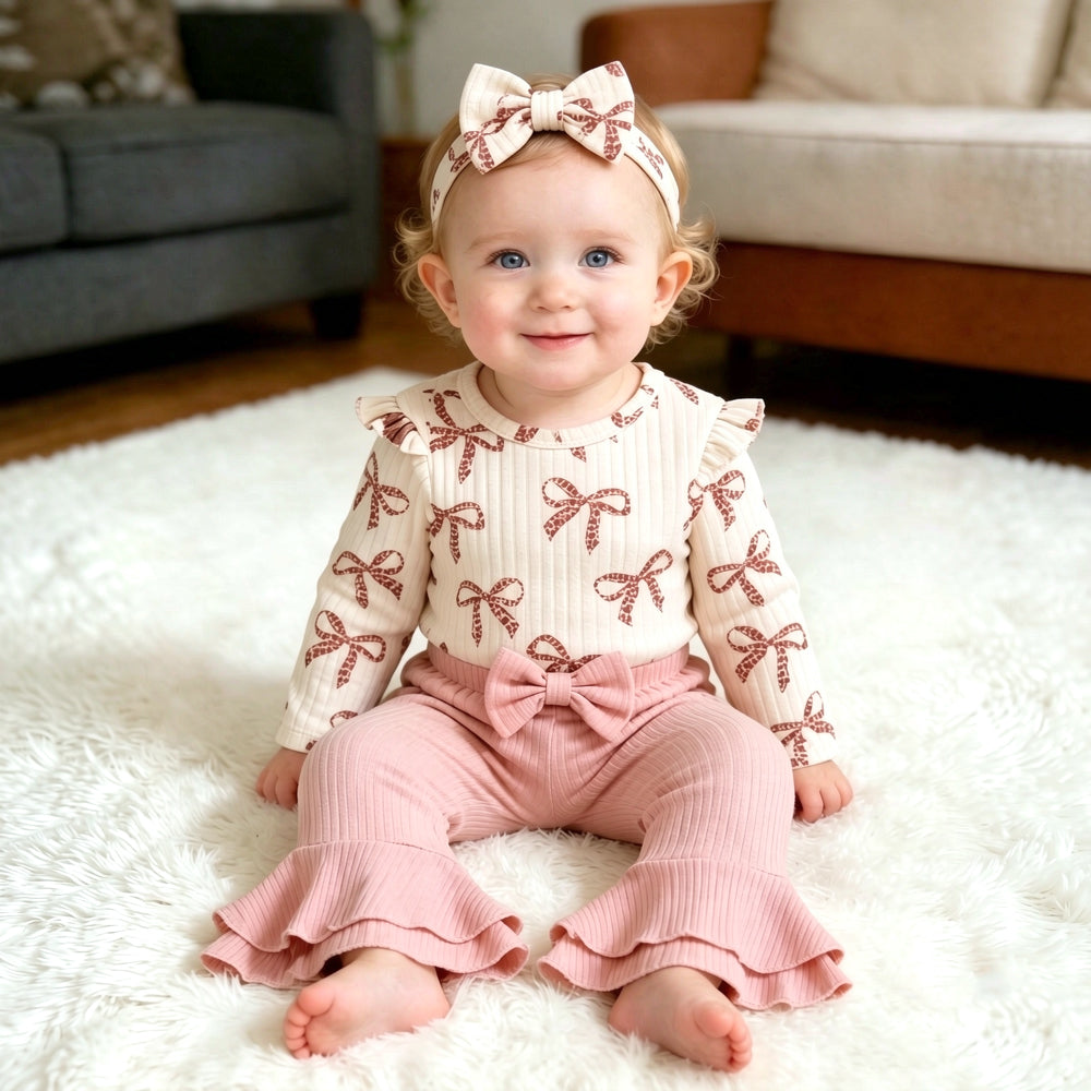 3PCS Exquisite Bow Printed Long Sleeve Baby Girl Set