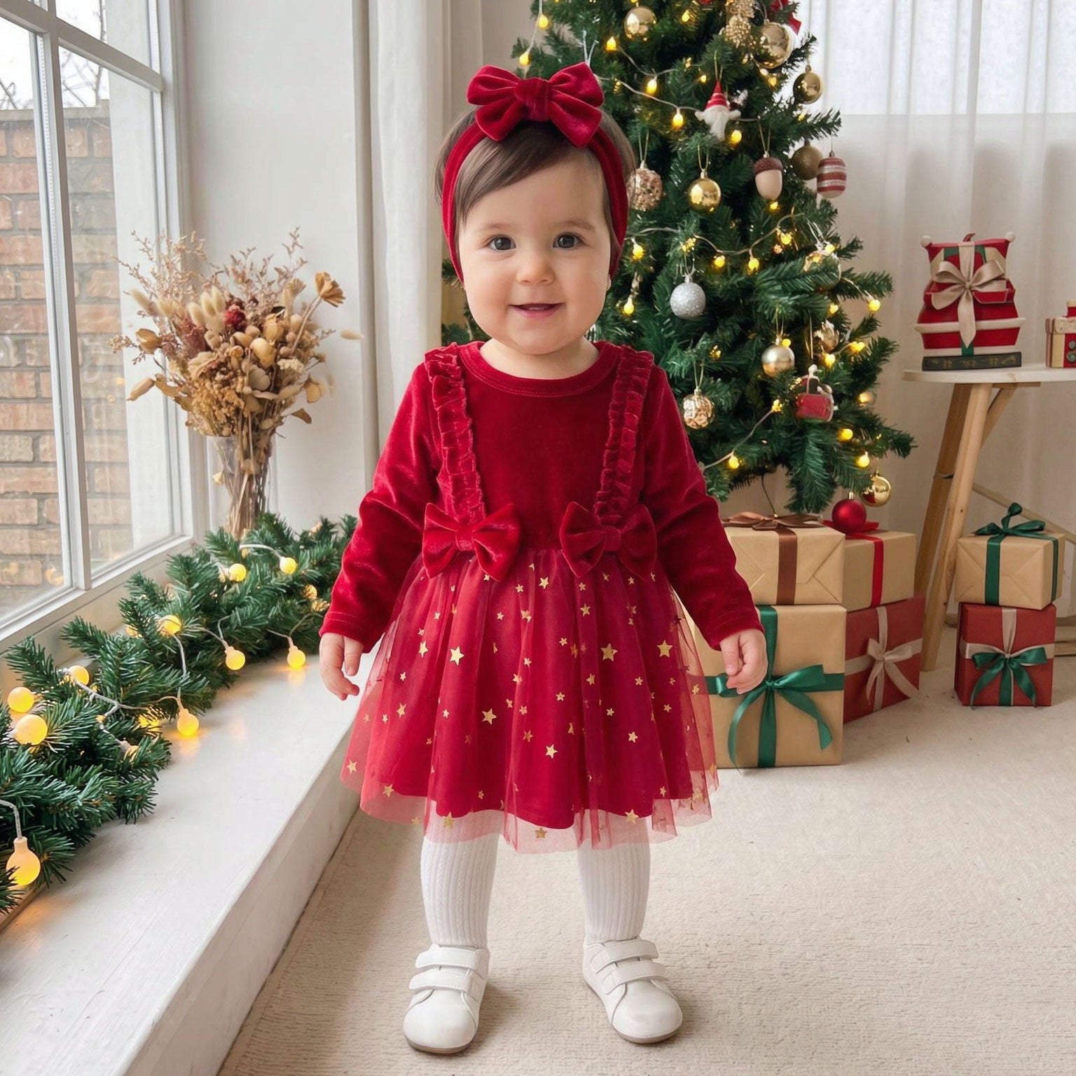 2PCS Christmas Star Printed Long Sleeve Velvet Baby Dress