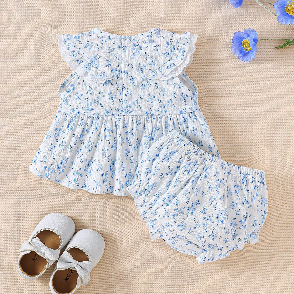 2PCS Summer Casual Woven Floral Printed Sleeveless Baby Set