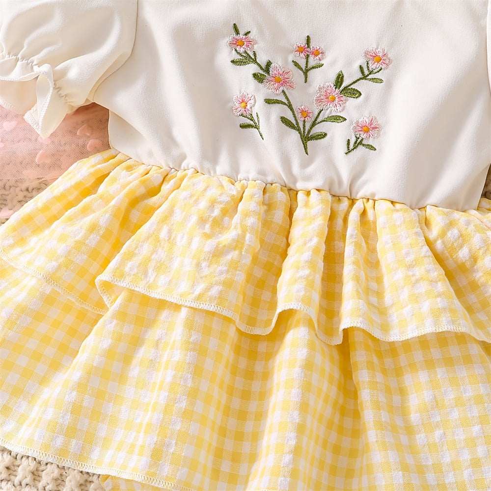 2PCS Grace Floral Embroidery Plaid Print Short Sleeve Baby Romper
