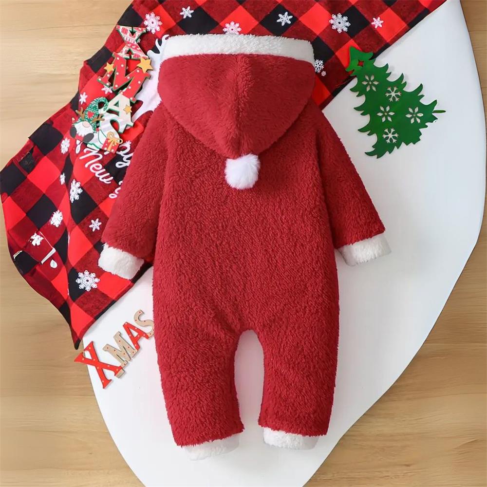 Christmas 3D Snowman Print Plush Long Sleeve Baby Hooded Jumpsuit