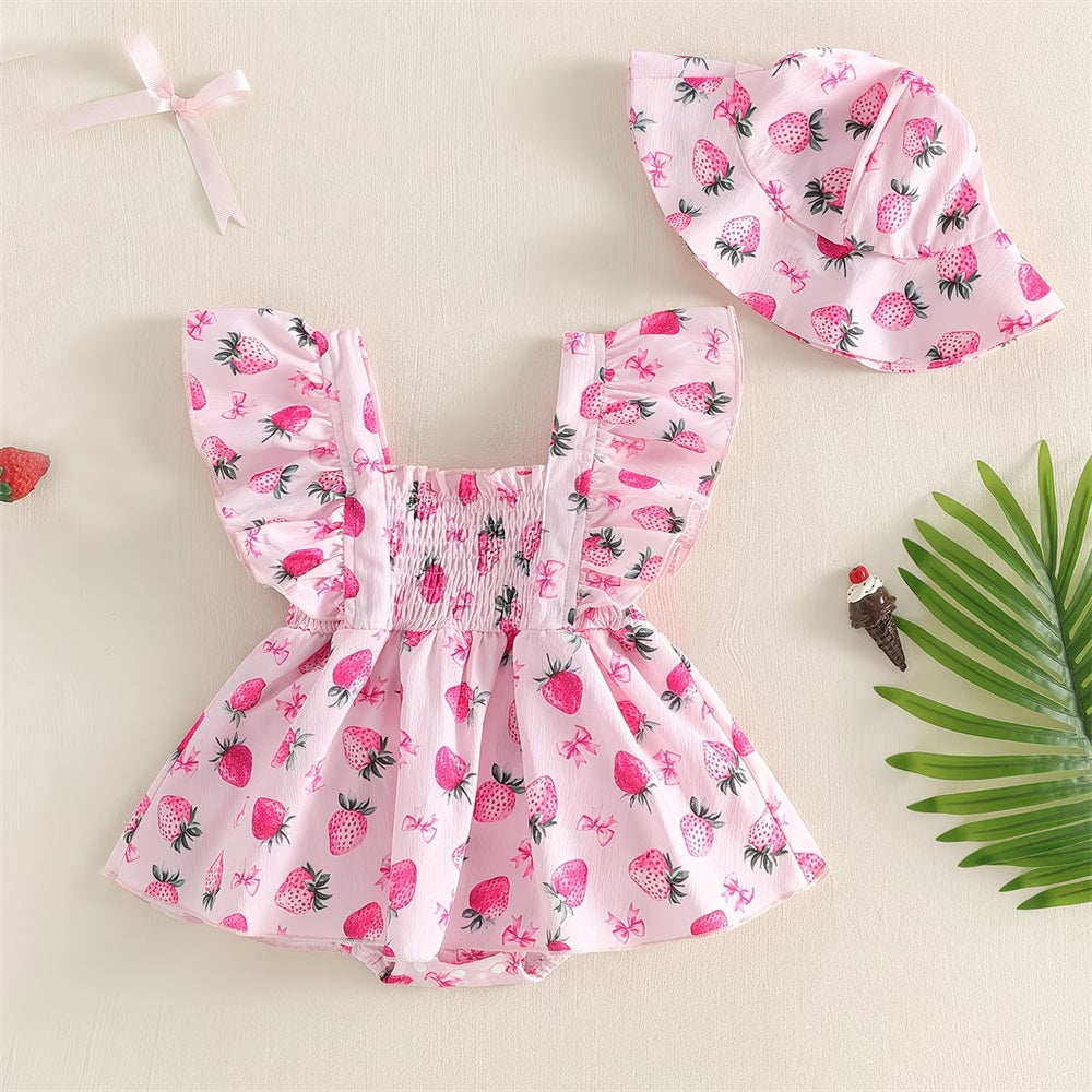 2PCS Sweet Strawberry Printed Fly Sleeve Baby Romper
