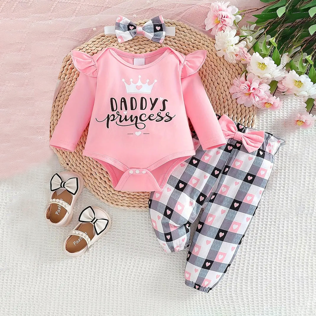 3PCS Daddy's Princess Letter Printed Long Sleeve Baby Girl Set