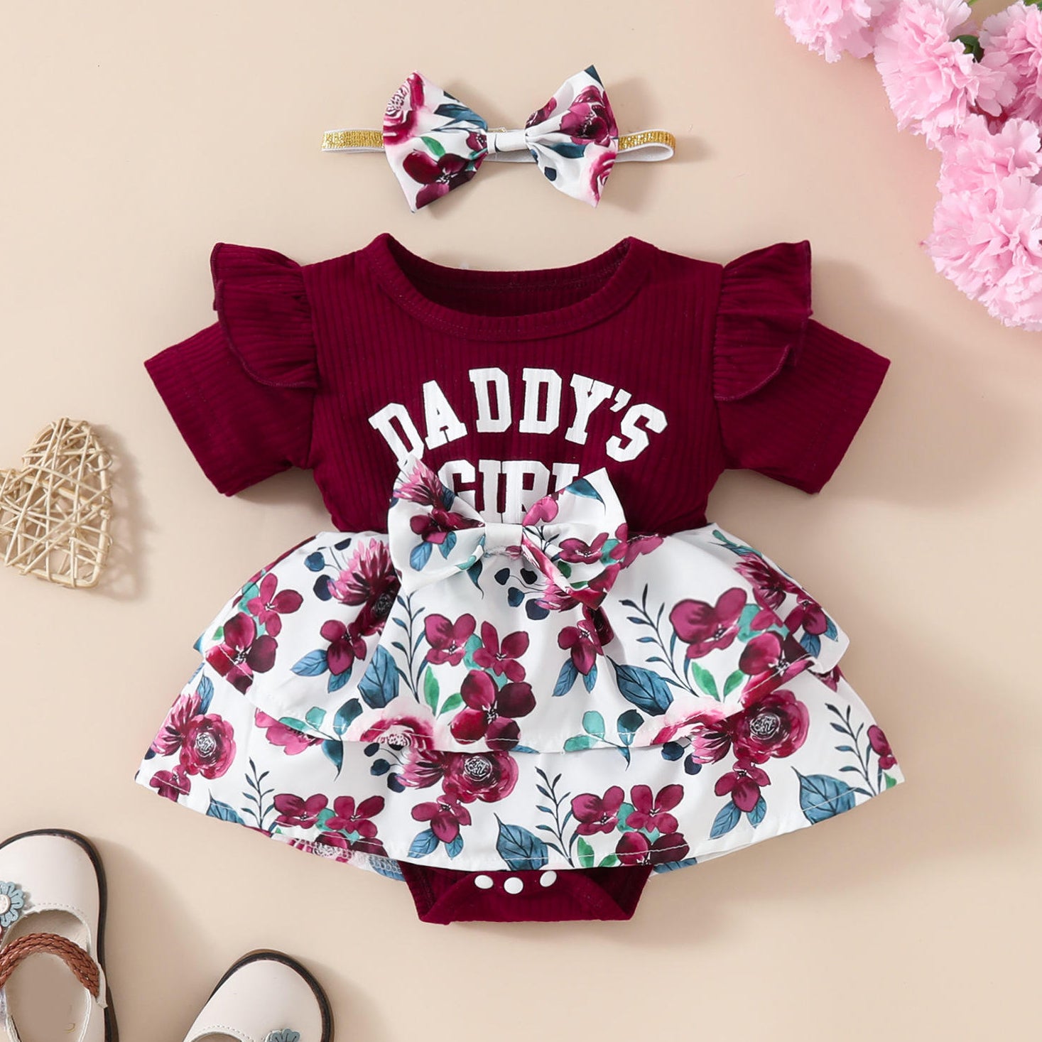 2PCS Daddy's Girl Letter Floral Print Short Sleeve Baby Romper