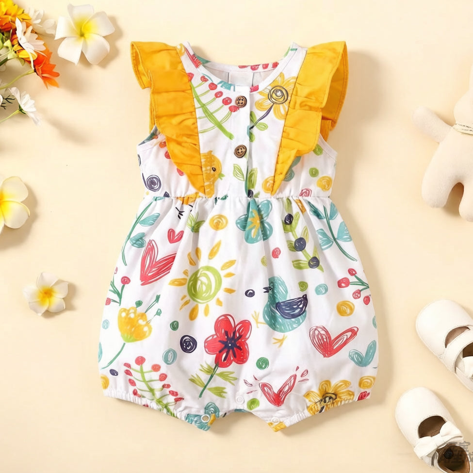Colorful Hand-Painted Style Floral & Bird Printed Baby Jumpsuit