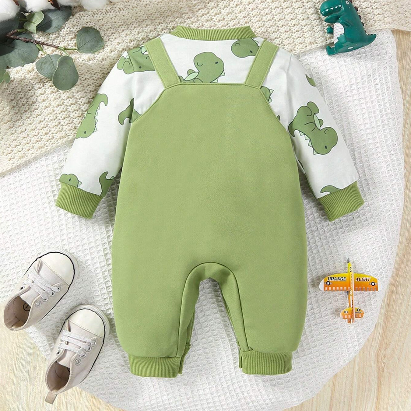 Adorable Dinosaur Printed Fake Two Pieces Long Sleeve Baby Jumpsuit
