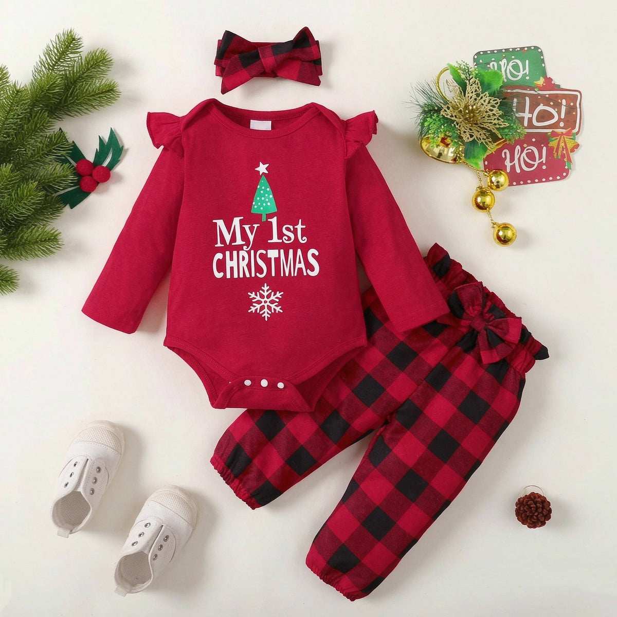 3PCS Sweet My 1st Christmas Letter Plaid Print Baby Girl Set