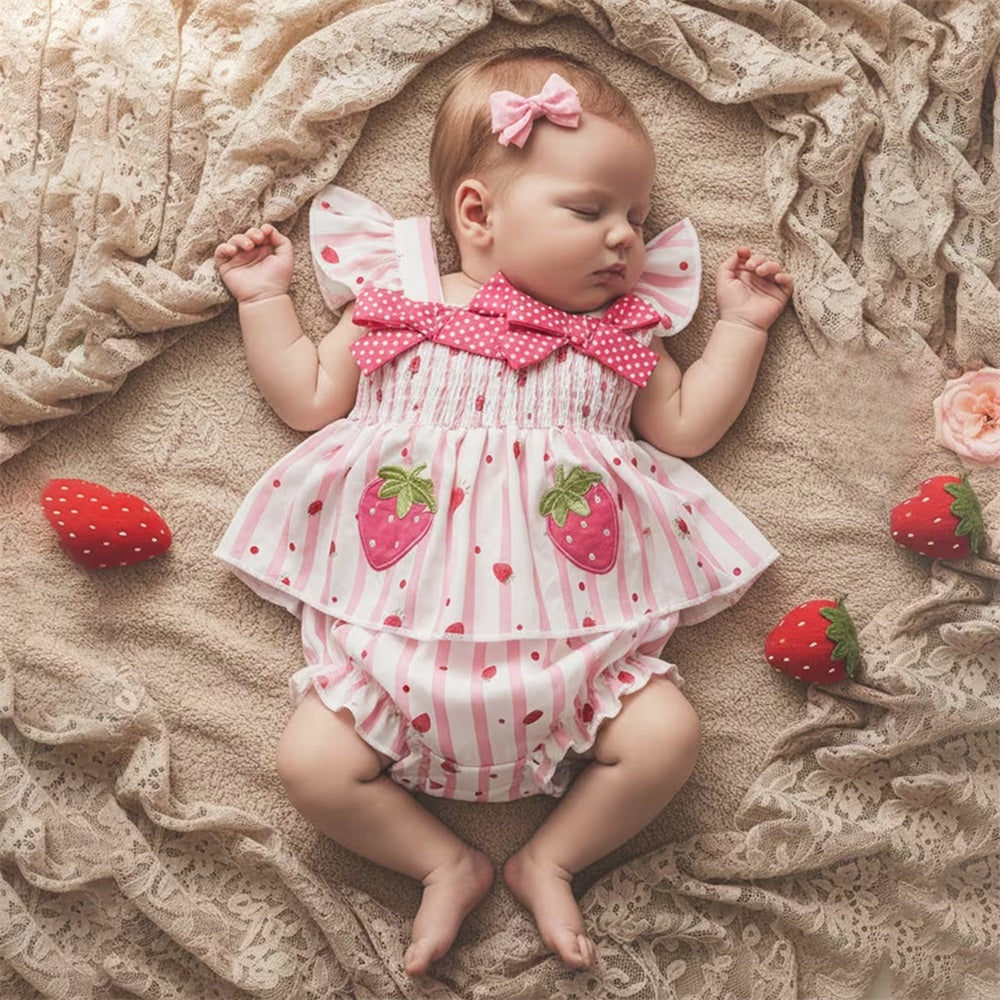 2PCS Sweet Strawberry Print Striped Sleeveless Baby Set