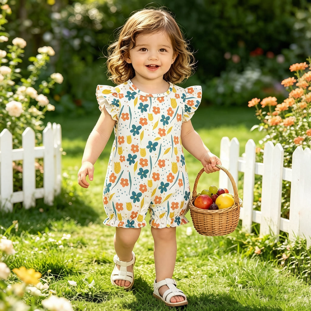 Graceful Allover Floral Print Flutter Sleeve Baby Jumpsuit