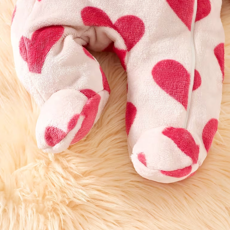 Cute Baby Girl Heart Print Fleece Hooded Zipper Jumpsuit
