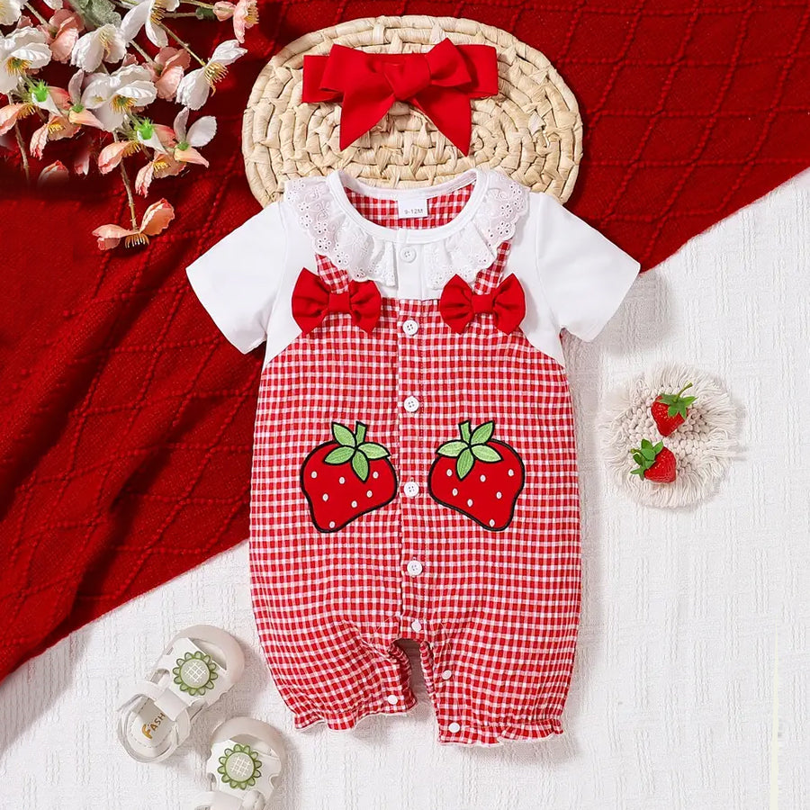 2PCS Sweet Strawberry Printed Plaid Short Sleeve Baby Jumpsuit