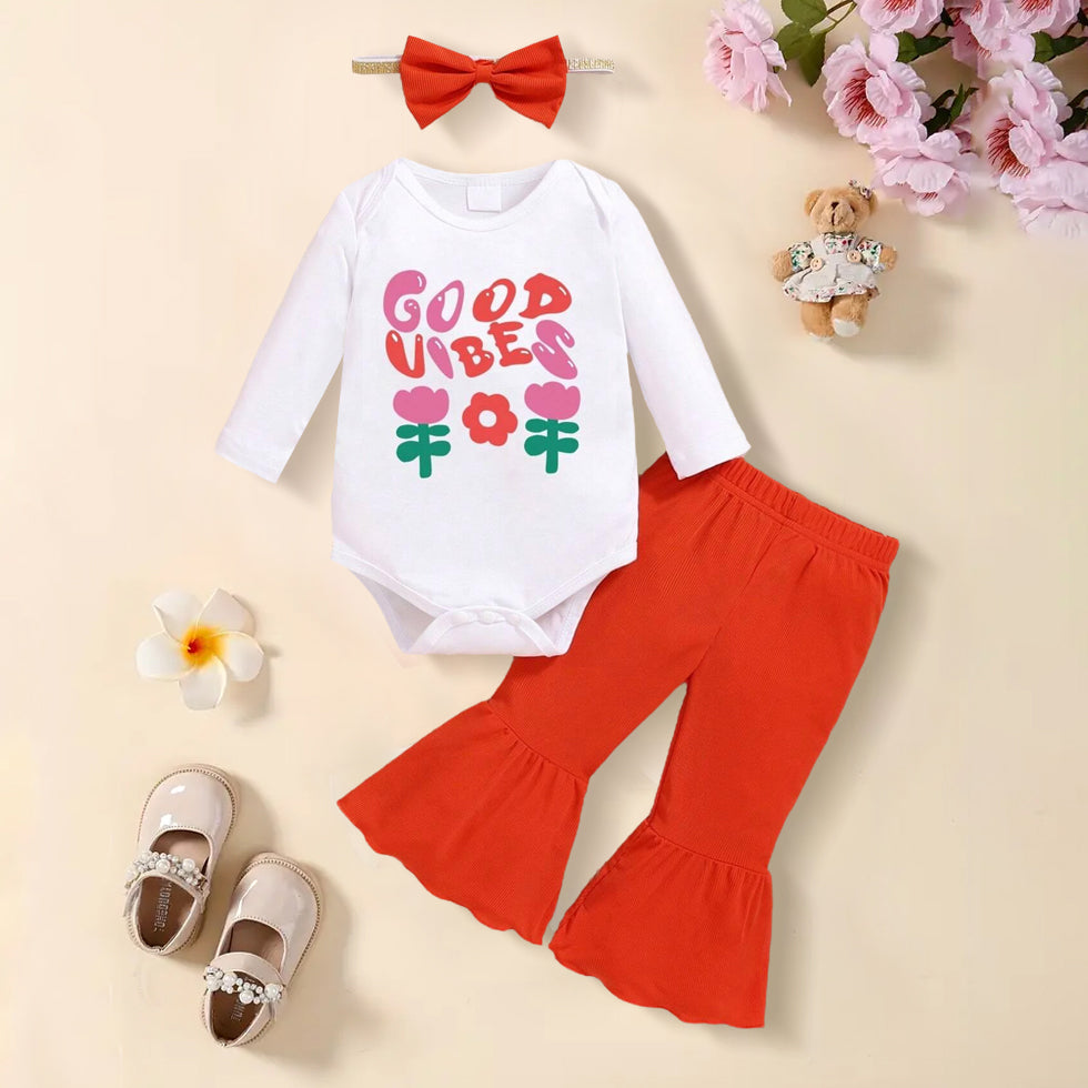 3PCS Good Vibes Letter Floral Printed Long Sleeve Baby Set