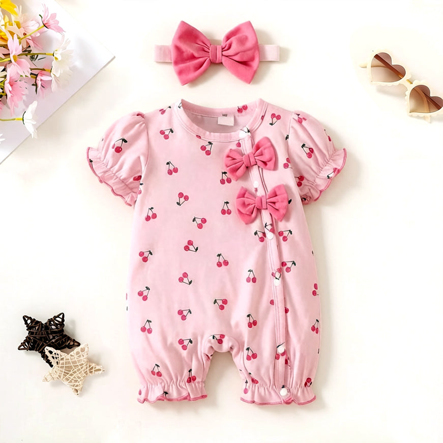 2PCS Sweet Cherry Print Bow Puff Sleeve Baby Jumpsuit
