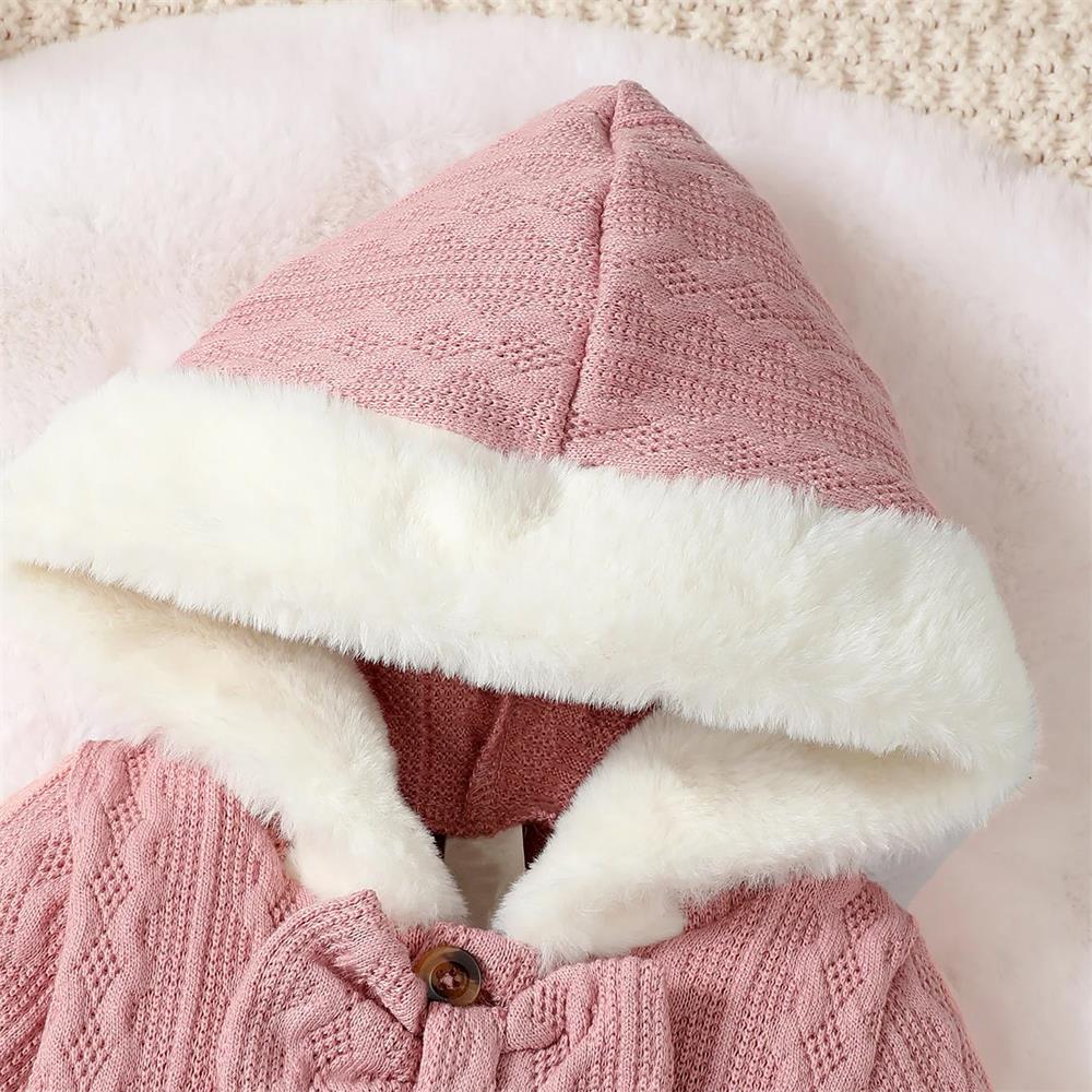 Furry Solid Color Long Sleeve Warm Baby Hooded Jumpsuit