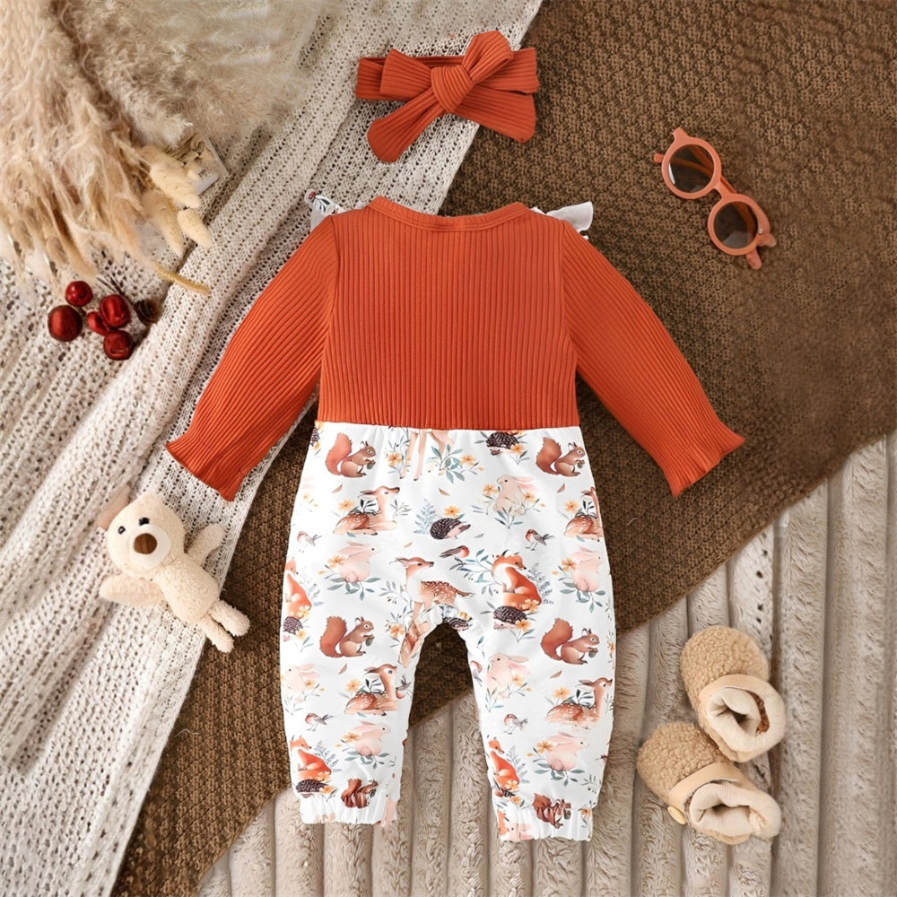 2PCS Cute Little Animals Print Long Sleeve Baby Jumpsuit