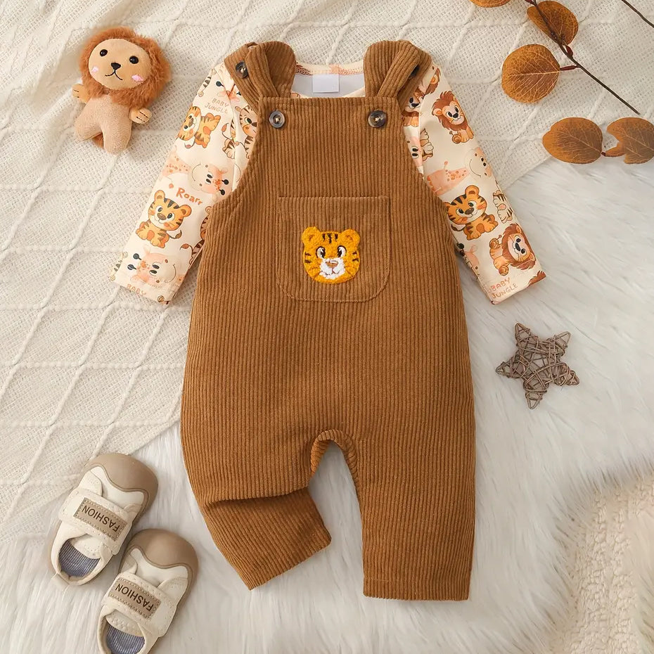 2PCS Cute Animal Print Long Sleeve Baby Overalls Set