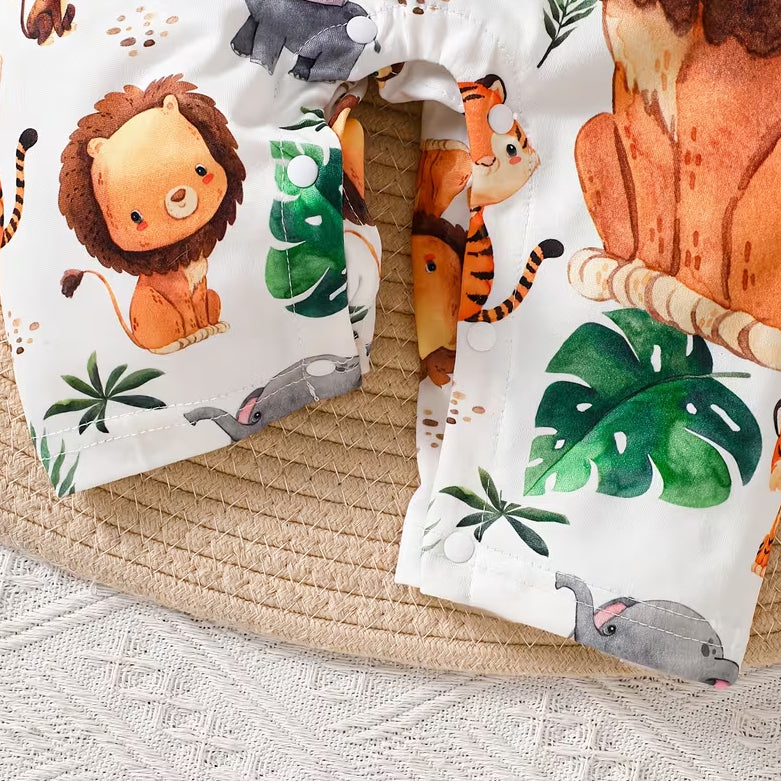 Casual Lion Elephant Print Faux Layer Long Sleeve Baby Jumpsuit