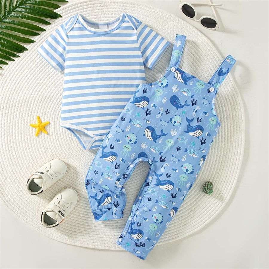 2PCS Sea Animals Printed Striped Short Sleeve Baby Overalls Set