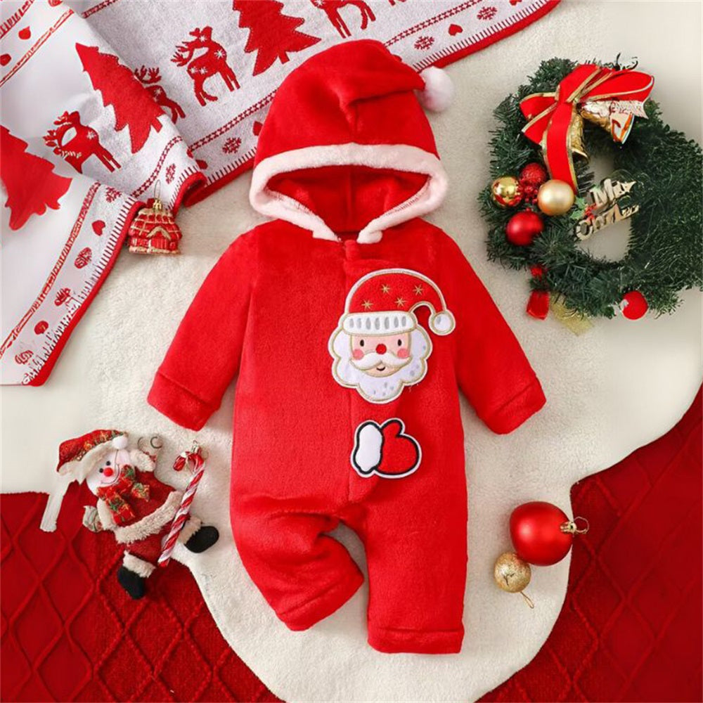 Santa Embroidery Long Sleeve Baby Hooded Jumpsuit